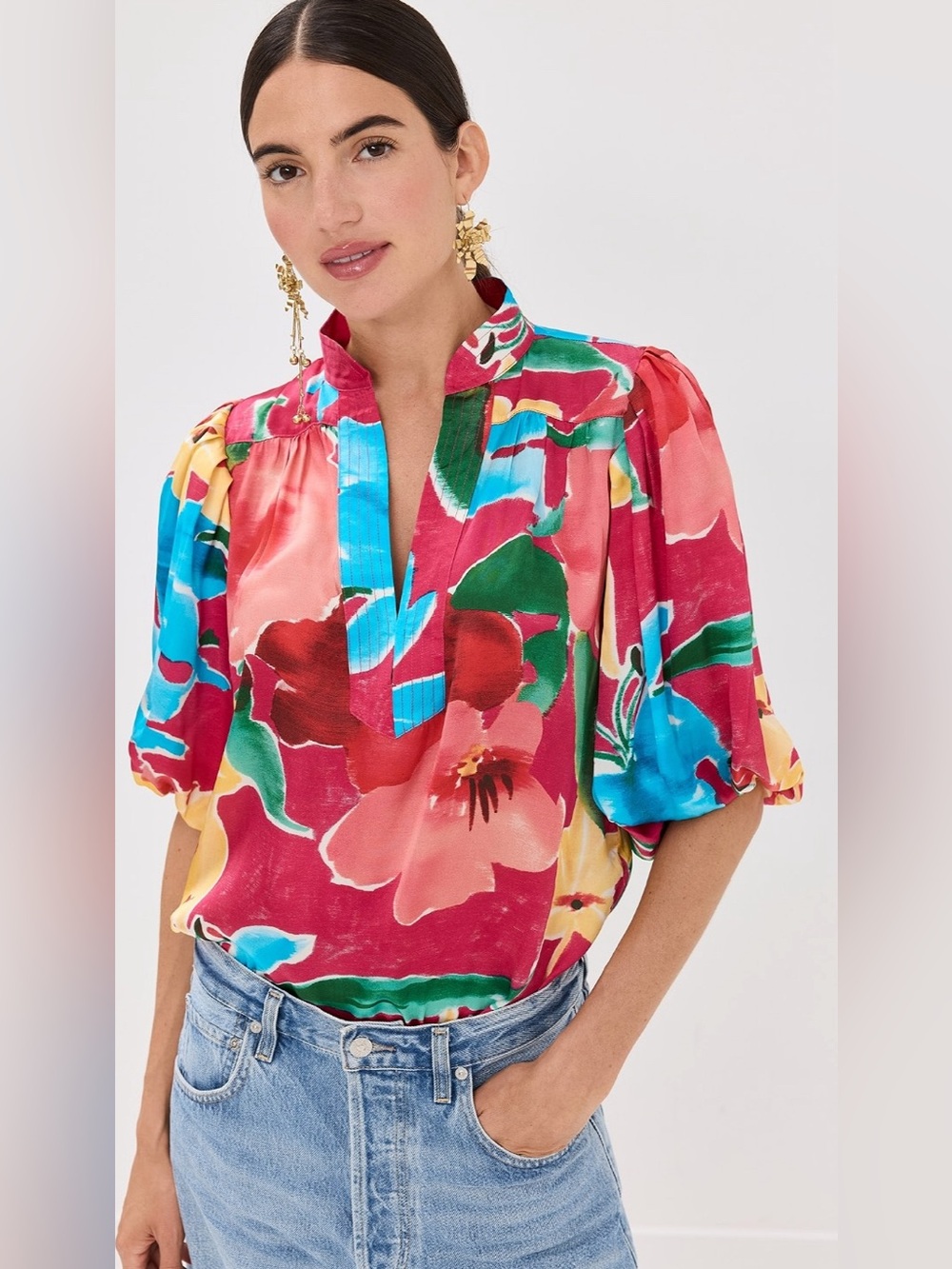 FIGUE Silk Bold Red Floral Split-Neck Puff Sleeve Blouse, Size Large